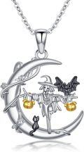wholesale 925 Sterling Silver Halloween Witch and Bat Crescent Moon Pendant Necklace-0-0