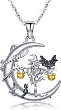 wholesale 925 Sterling Silver Halloween Witch and Bat Crescent Moon Pendant Necklace-2