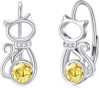 wholesale 925 Sterling Silver Birthstone Kitten Leverback Cat Earrings for Women-Yellow