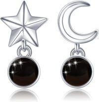 wholesale 925 Sterling Silver Black Agate Crescent Moon & Star Drop Earrings-Black Onyx