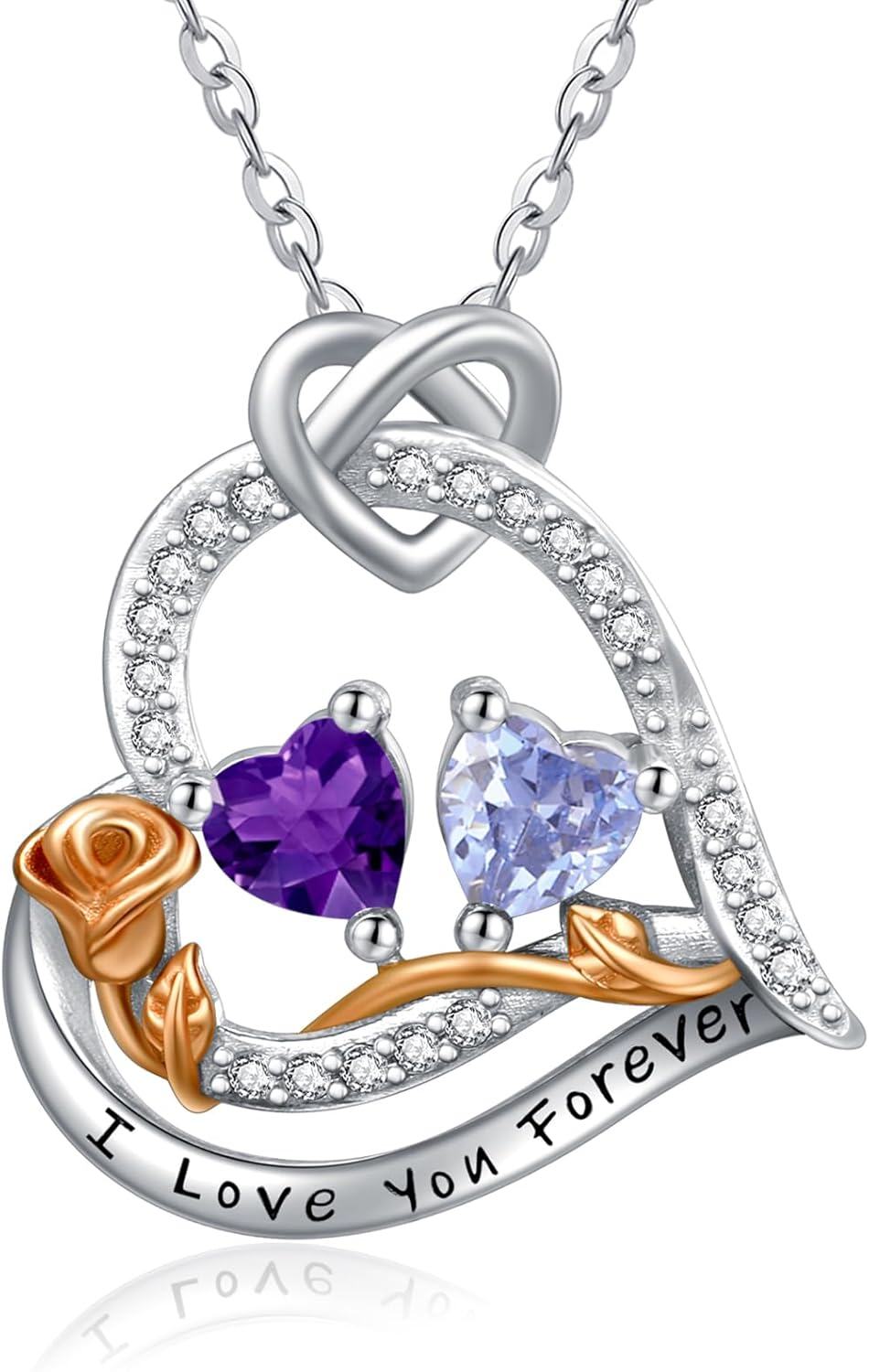  Sterling Silver 2 Birthstones Rose Heart Necklace for Women -02-06-Feb-Jun