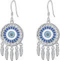 wholesale  925 Sterling Silver with 5A CZ Evil Eye Dream Catcher Dangle Earrings, 25mm, Gift for Women-0-0
