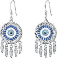 wholesale  925 Sterling Silver with 5A CZ Evil Eye Dream Catcher Dangle Earrings, 25mm, Gift for Women-02-Evil Eye