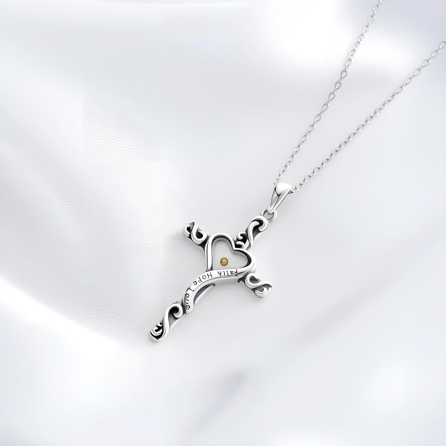 925 Sterling Silver Heart-Shaped Mustard Seed Cross Pendant Necklace with Faith Hope Love Inscription - Christian Faith  for Women and Moms-0-4