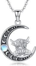 wholesale 925 Sterling Silver Highland Cow Crescent Moon Pendant Necklace with Blue Stone Accents-0-0
