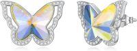 wholesale 925 Sterling Silver AB Color Austrian Crystal Butterfly Stud Earrings for Women and Girls Gifts-AB White