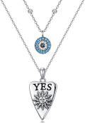 wholesale S925 Sterling Silver & Oxidized Bead Double-Layered Evil Eye Sun Moon Necklace - Blue Evil Eye Pendant, 16-18 Inch, Gift Box-0-0