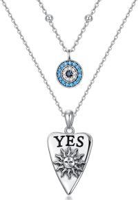 wholesale S925 Sterling Silver & Oxidized Bead Double-Layered Evil Eye Sun Moon Necklace - Blue Evil Eye Pendant, 16-18 Inch, Gift Box-02-Evil Eye Sun and Moon