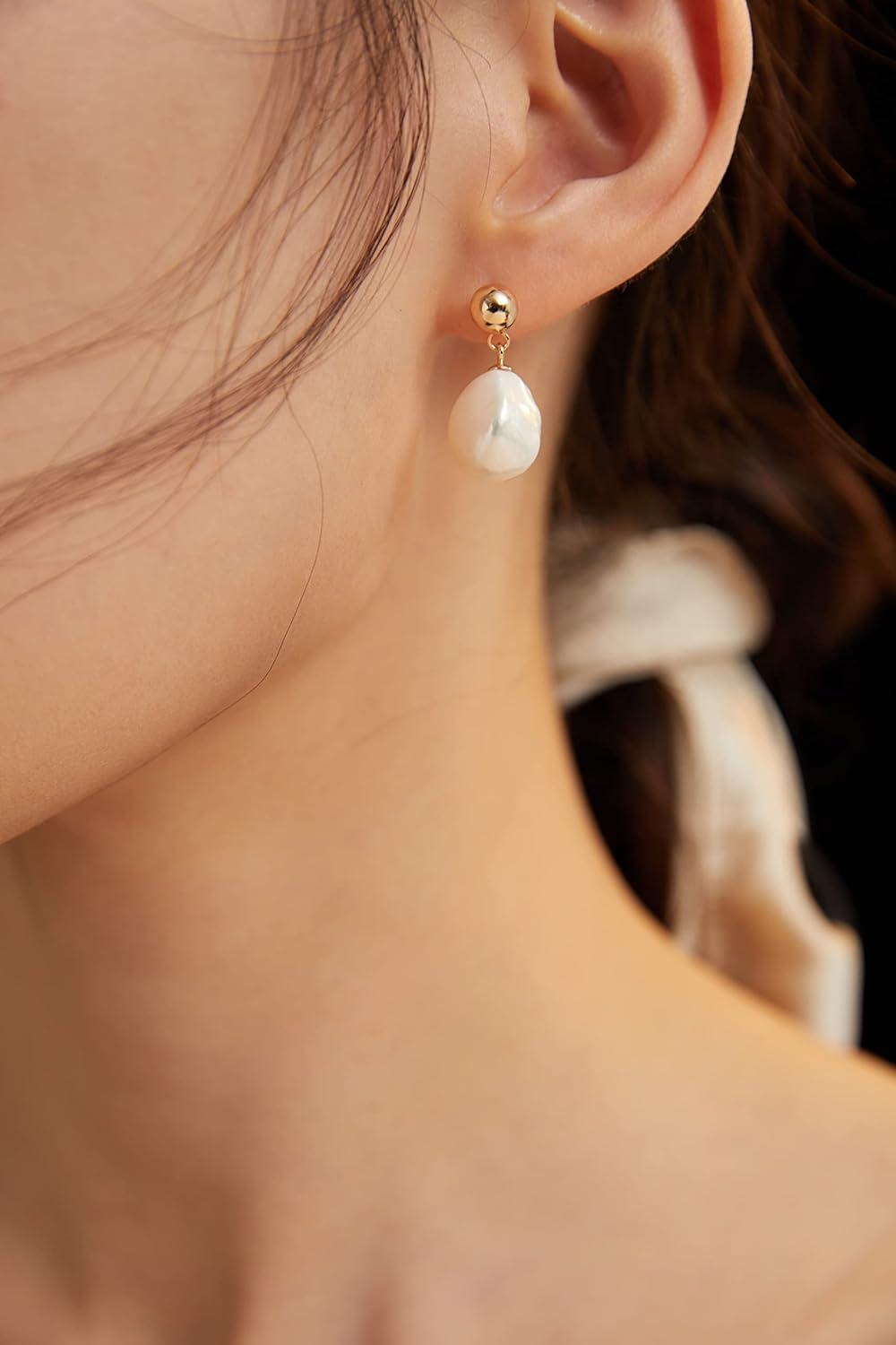 Gold Plated Sterling Silver Baroque Pearl Stud Earrings for Women-0-2