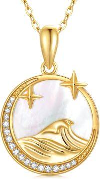 wholesale 14K Gold Mother-of-Pearl Moon & Stars Wave Pendant Necklace for Women-Yellow Gold