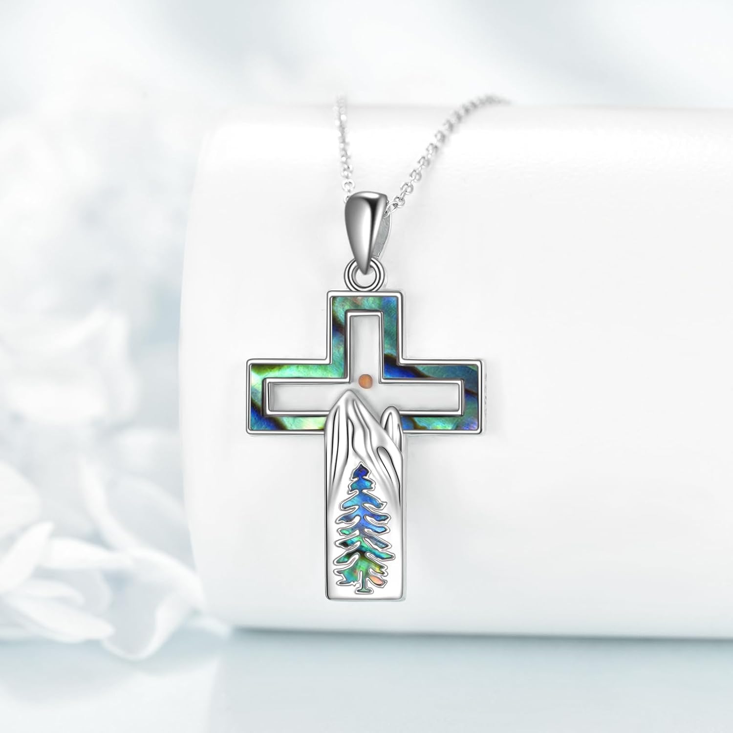 wholesale 925 Sterling Silver Abalone Shell Tree of Life Cross Pendant Necklace for Women Gifts-0-3