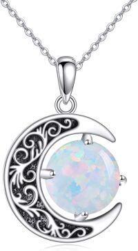 wholesale 925 Sterling Silver Opal Crescent Moon Filigree Pendant Necklace for Women-opal