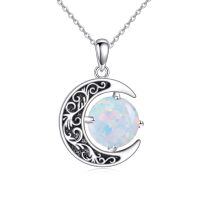wholesale 925 Sterling Silver Crescent Moon Opal Pendant Necklace-opal