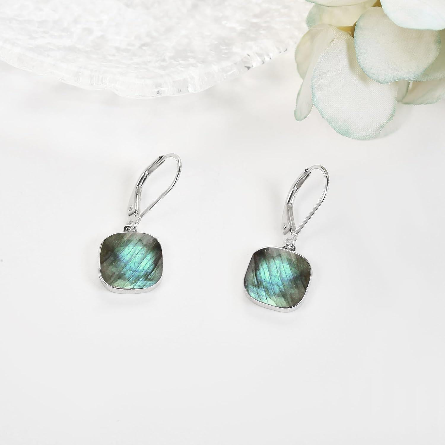 925 Sterling Silver Square Labradorite Leverback Earrings-0-1