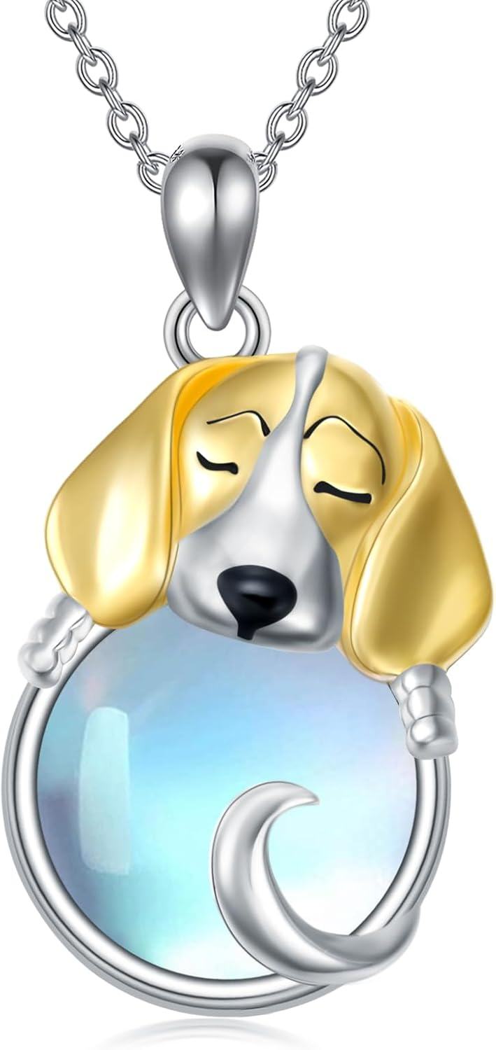 Sterling Silver Moonstone Dog Necklace for Women Memorial Jewelry Gift-Beagles