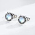 wholesale 925 Sterling Silver Moonstone Round Shape Studs Cufflinks for Men Formal Wear Accessories Gift Set-0-2