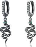 wholesale Silver Black Rhodium Plated Emerald Eye Snake Hoop Drop Earrings 925 Sterling Silver Hypoallergenic Jewelry for Women Girls Gift Boxed-0-0