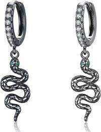 wholesale Silver Black Rhodium Plated Emerald Eye Snake Hoop Drop Earrings 925 Sterling Silver Hypoallergenic Jewelry for Women Girls Gift Boxed-Black