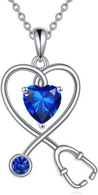 wholesale 925 Sterling Silver Birthstone Stethoscope Heart Necklace for Nurse-September birthstone