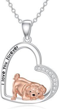 wholesale 925 Sterling Silver Pug Heart Love You Forever Pendant Necklace-French Bulldog