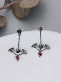 wholesale 925 Sterling Silver & Red Birthstone Gothic Bat Stud Earrings with Chains, Punk Rock Jewelry, Halloween Gift for Women Men-0-4