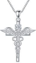 wholesale TOUPOP Sterling Silver Caduceus Angel Nursing Necklace Cross Pendant Birthstone Necklace Gifts For Nurse Women -0-0