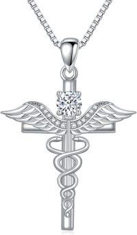 wholesale TOUPOP Sterling Silver Caduceus Angel Nursing Necklace Cross Pendant Birthstone Necklace Gifts For Nurse Women -undefined