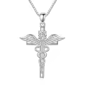 TOUPOP Sterling Silver & Birthstone Caduceus Angel Nursing Cross Pendant Necklace-0-0