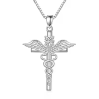 TOUPOP Sterling Silver & Birthstone Caduceus Angel Nursing Cross Pendant Necklace-undefined