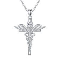 TOUPOP Sterling Silver & Birthstone Caduceus Angel Nursing Cross Pendant Necklace-undefined