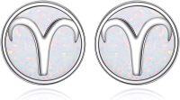wholesale 925 Sterling Silver White Opal Aries Zodiac Sign Stud Earrings 6mm Diameter-Aries (3.21-4.19)
