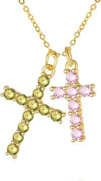 wholesale 14K Gold Sterling Silver Birthstone Double Cross Necklace for Women-08-10-Aug-Oct