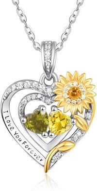 wholesale Sterling Silver 2 Birthstones Sunflower Heart Necklace for Women-08-11-Aug-Nov