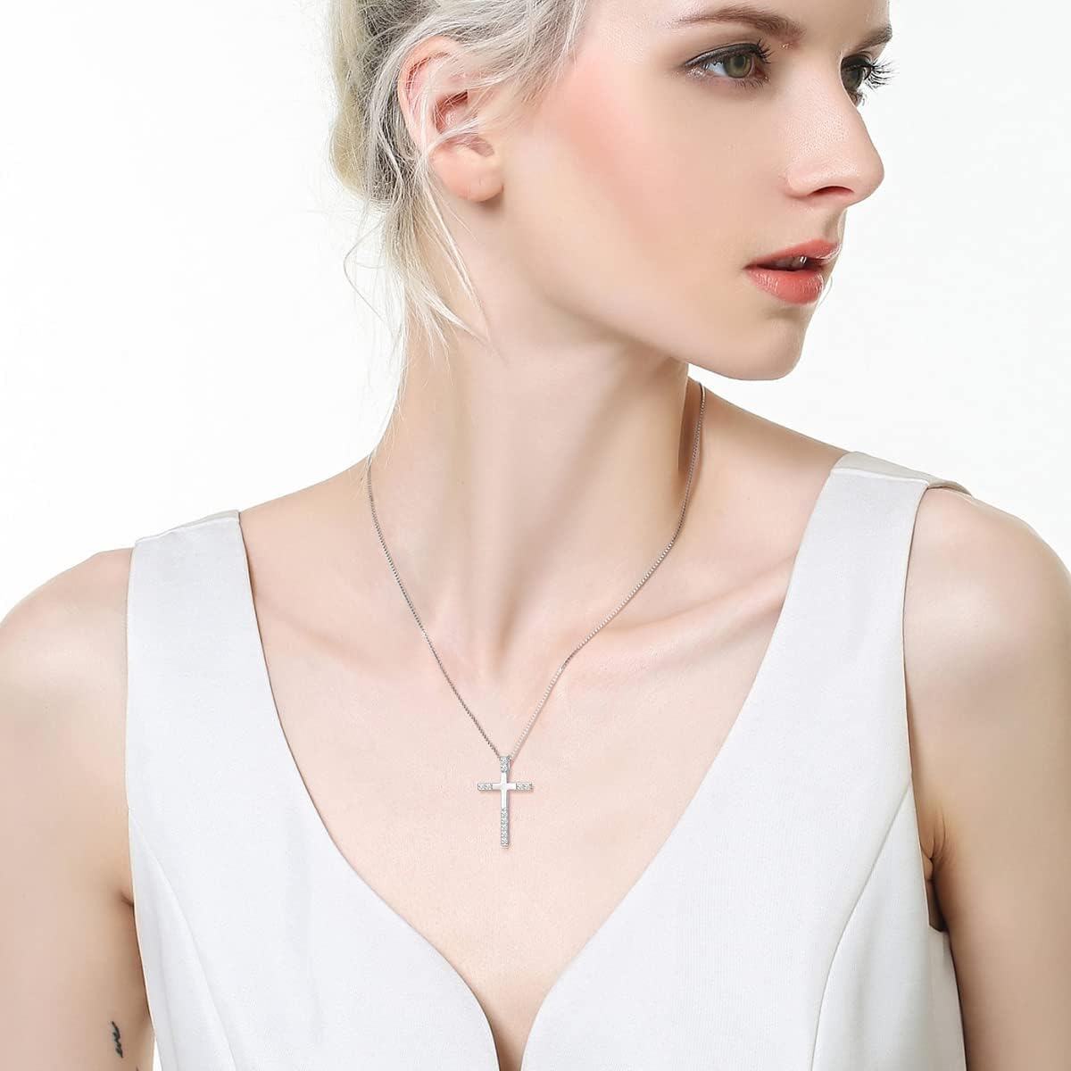 Sterling Silver 5A CZ Women s Cross Necklace 20 Adjustable Chain Baptism Gift-0-2