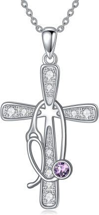 wholesale 925 Sterling Silver Birthstone Crystals Stethoscope Necklace for Nurse Doctor Medical Student-2-Feb-Amethyst