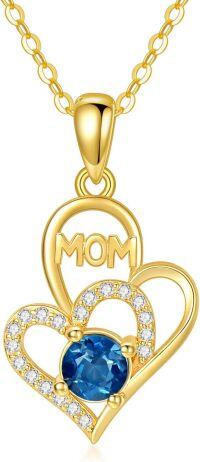 wholesale 14K Gold Blue Topaz Double Heart Mom Pendant Necklace for Women-Style-1-Topaz
