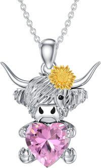 wholesale Metal Stone Highland Cow Pendant Necklace w Heart Birthstone Women s Gift-October