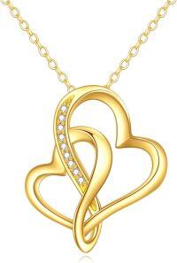 wholesale 14K Gold Double Heart Pendant Necklace with Cubic Zirconia Stones for Women-Heart necklace