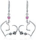 wholesale 925 Sterling Silver Pink Stone Heart Cat Paw Drop Dangle Earrings for Women Girls s 4cm Long-0-0