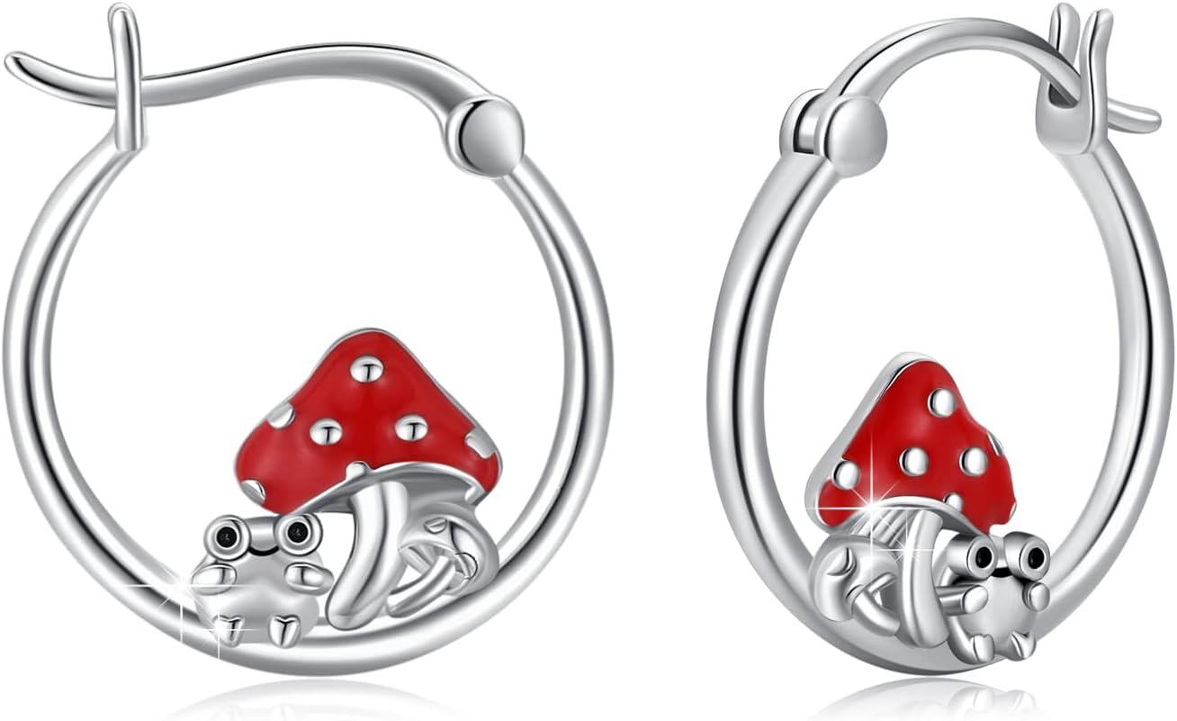 Sterling Silver Hypoallergenic Animal Huggie Hoop Earrings-Mushroom Earrings