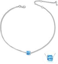 wholesale 925 Sterling Silver Blue Cube Crystal Ankle Anklet for Women and Teen Girls-Aquamarine Blue