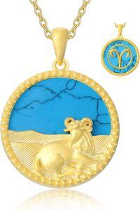 wholesale 18K Gold Plated Sterling Silver Synthetic Blue Turquoise Zodiac Necklace for Women-3-Arietis(0321-0419)
