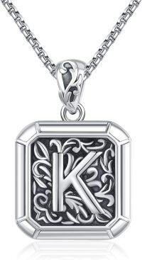 wholesale Sterling Silver Square Initial Letter Necklace Unisex Retro Pendant Jewelry Gift-Initial K