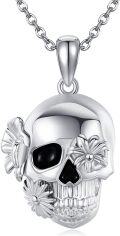 wholesale 925 Sterling Silver Skull Pendant Necklace with Flowers and Black Eyes - Gothic Jewelry for Men & Women-0-0