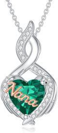 wholesale 925 Sterling Silver Heart-Shaped Nana Pendant Necklace with Green Crystal and Cubic Zirconia Stones for Grandmother Gifts-0-0