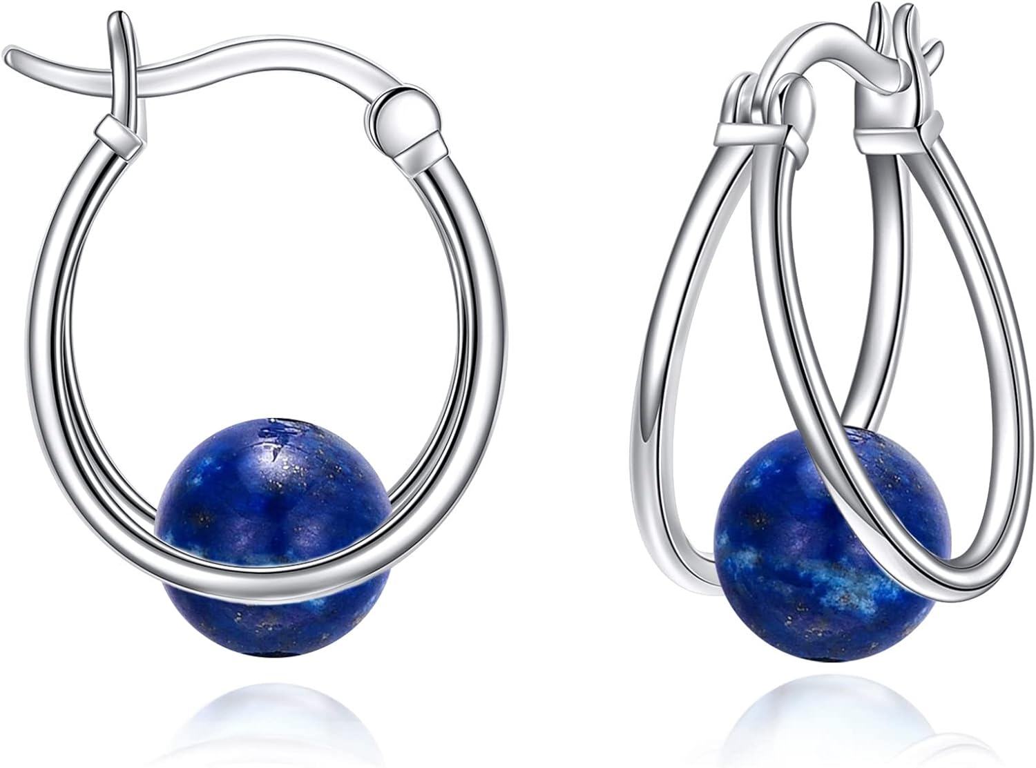 wholesale Sterling Silver Gemstone Earrings Pearl Moonstone Turquoise Onyx Jade Opal Lapis Lazuli-Lapis Lazuli Hoop Earrings