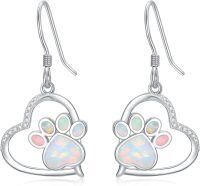 wholesale 925 Sterling Silver Heart-Shaped Opal Paw Print Dangle Earrings for Women Gifts-Paw Print