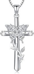 wholesale TOUPOP Cross Necklace For Women 925 Sterling Silver Butterfly Necklace Birthstone Pendant Faith Jewelry Christian Pendant Necklace For Women -0-0