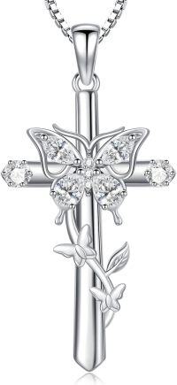 wholesale TOUPOP Cross Necklace For Women 925 Sterling Silver Butterfly Necklace Birthstone Pendant Faith Jewelry Christian Pendant Necklace For Women -undefined