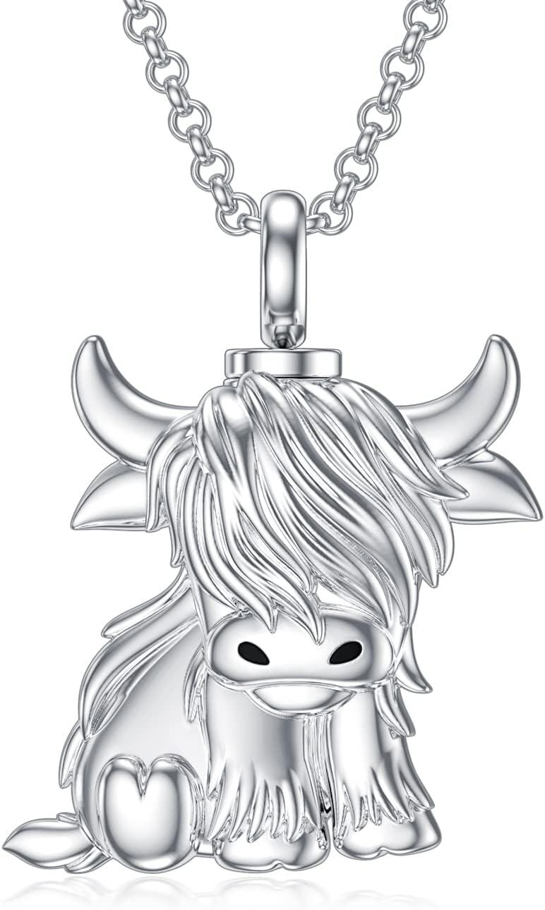 925 Sterling Silver Highland Cow Memorial Keepsake Urn Necklace for Ashes with Chain and Velvet Pouch-0-0